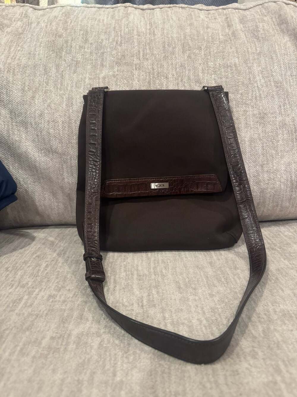 Tumi Brown Nylon Crossbody Shoulder Bag Crocodile Embossed Leather
